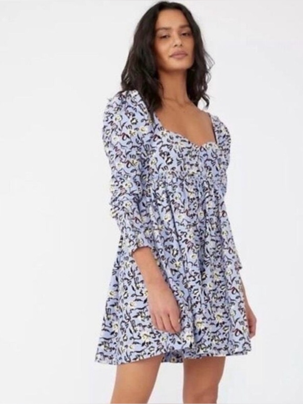 Free People Bessie mini corduroy dress with puff sleeves small light blue floral